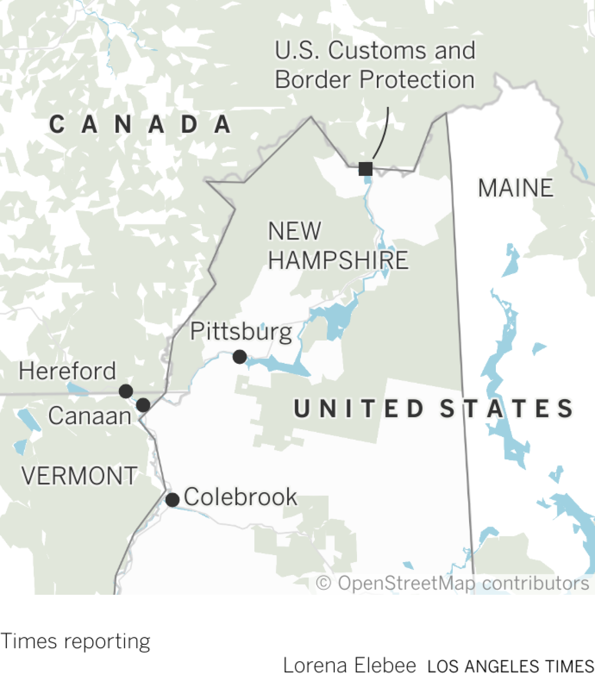 Map shows the New Hampshire and Canada border and nearby sites of U.S. Customs and Border Protection, Pittsburg and Colebrook.
