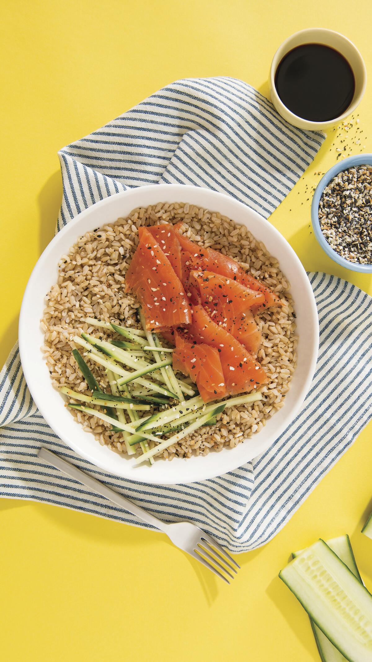 Loaded smoked salmon rice bowl