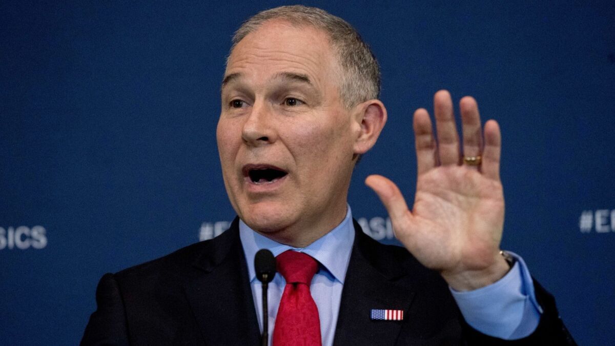 EPA Administrator Scott Pruitt speaks in Washington on April 3 about his decision to scrap Obama administration auto fuel economy standards.