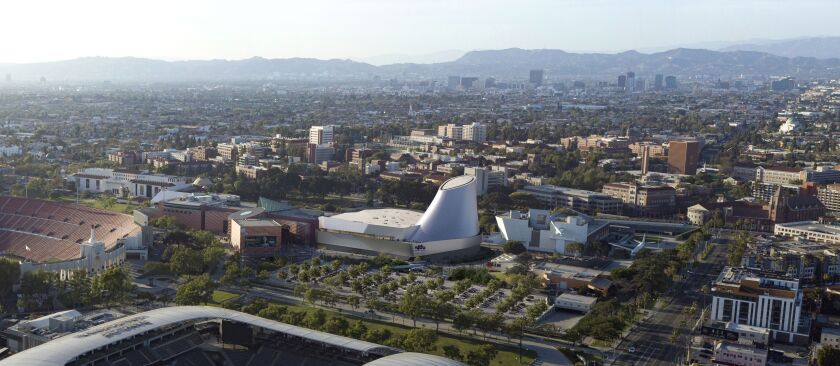 A rendering shows a wide exterior view of the planned California Science Center Samuel Oschin Air and Space Center.