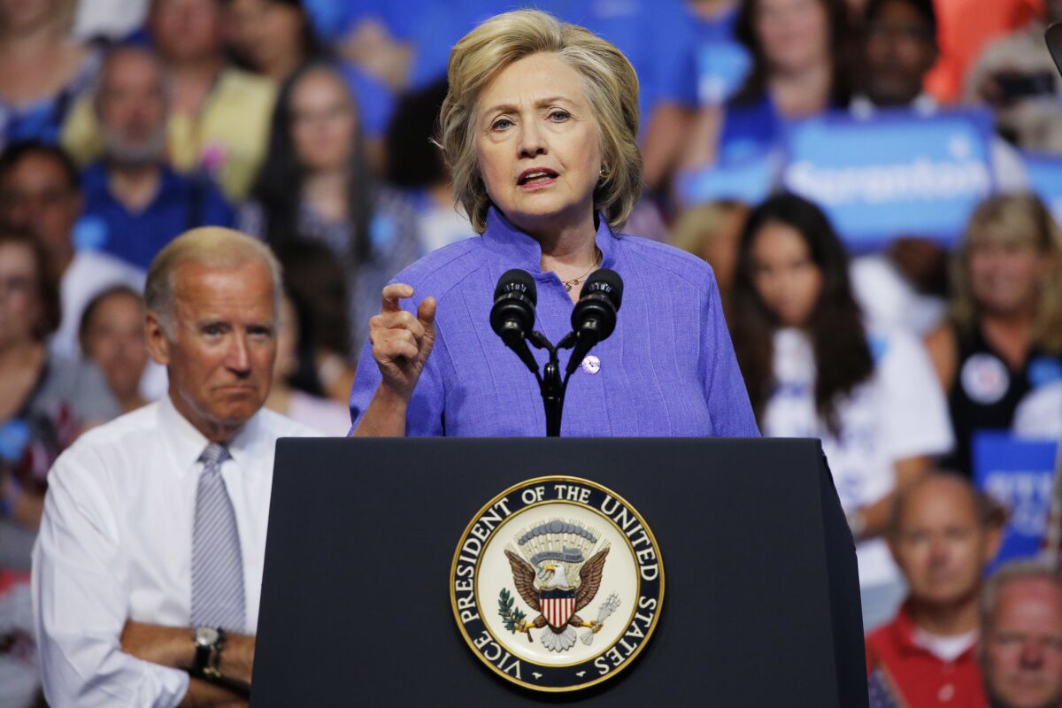 Hillary Clinton campaigned with Vice President Joe Biden last month in Scranton, Pa.
