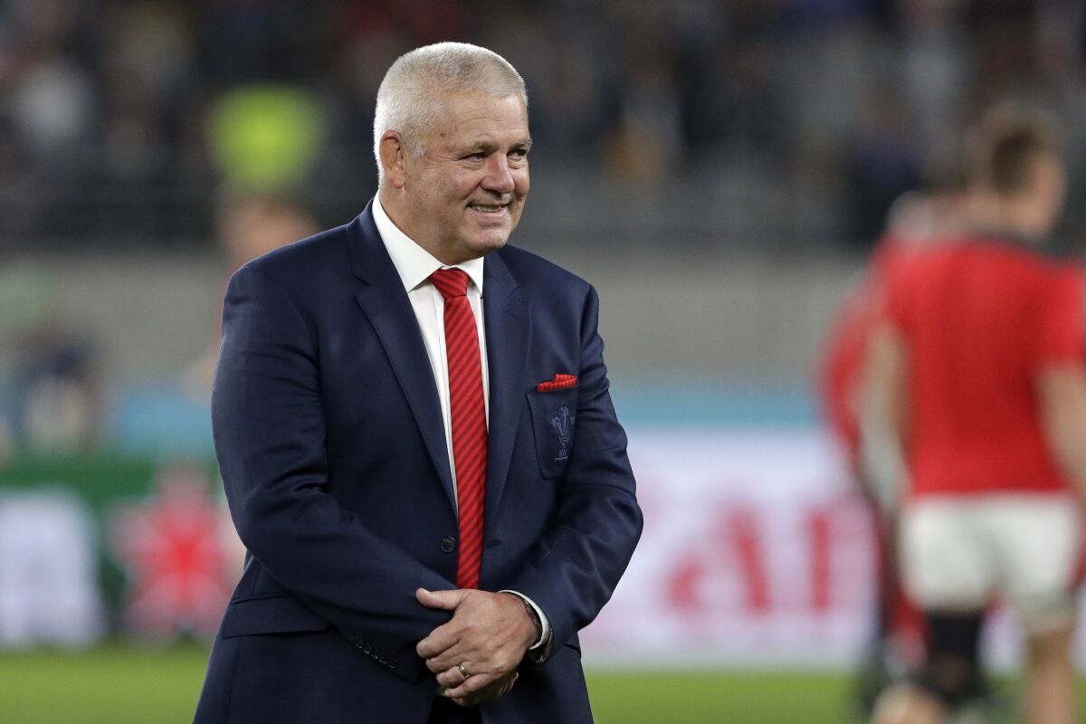 FILE - Wales coach Warren Gatland, walks on the field prior to the Rugby World Cup bronze final game at Tokyo Stadium between New Zealand and Wales in Tokyo, Japan, Friday, Nov. 1, 2019. The 2023 Six Nations starts on Feb. 4. (AP Photo/Aaron Favila, File)