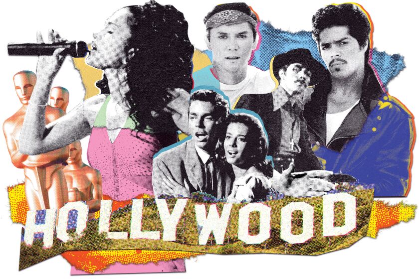 Illustration for the Why Hollywood Not More Mexican story, part of the Latino Representation project running June 13, 2021. Pictured is Richard Beymer and Natalie Wood in "West Side Story," Edward James Olmos in "Zoot Suit." Jennifer Lopez in "Selena," Lou Diamond Phillips and Esai Morales in "La Bamba," and Cheech Marin in "Born in East LA." CREDIT: Illustration by Evan Solano / For The Times / Metro-Goldwyn-Mayer Studios Inc./ Universal Pictures/Warner Bros. / Columbia Pictures/Universal Pictures/Getty Images