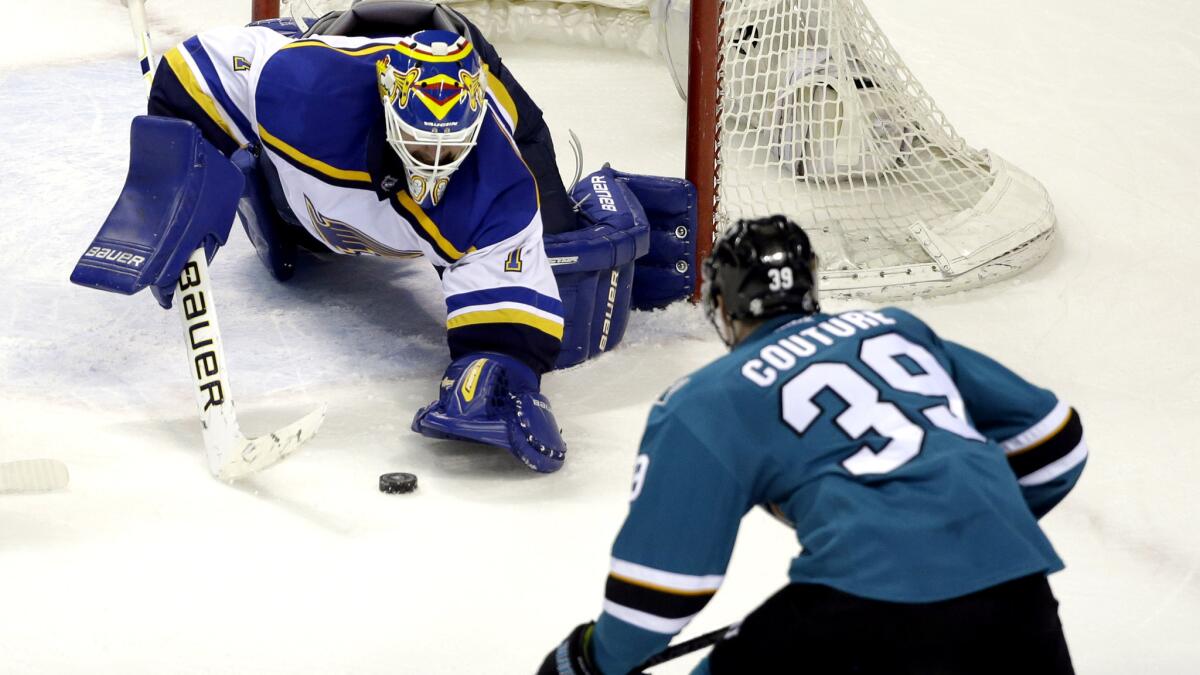 Blue goalkeeper Brian Elliott will have his hands full against the like of the Sharks' Logan Couture and other talented centers.