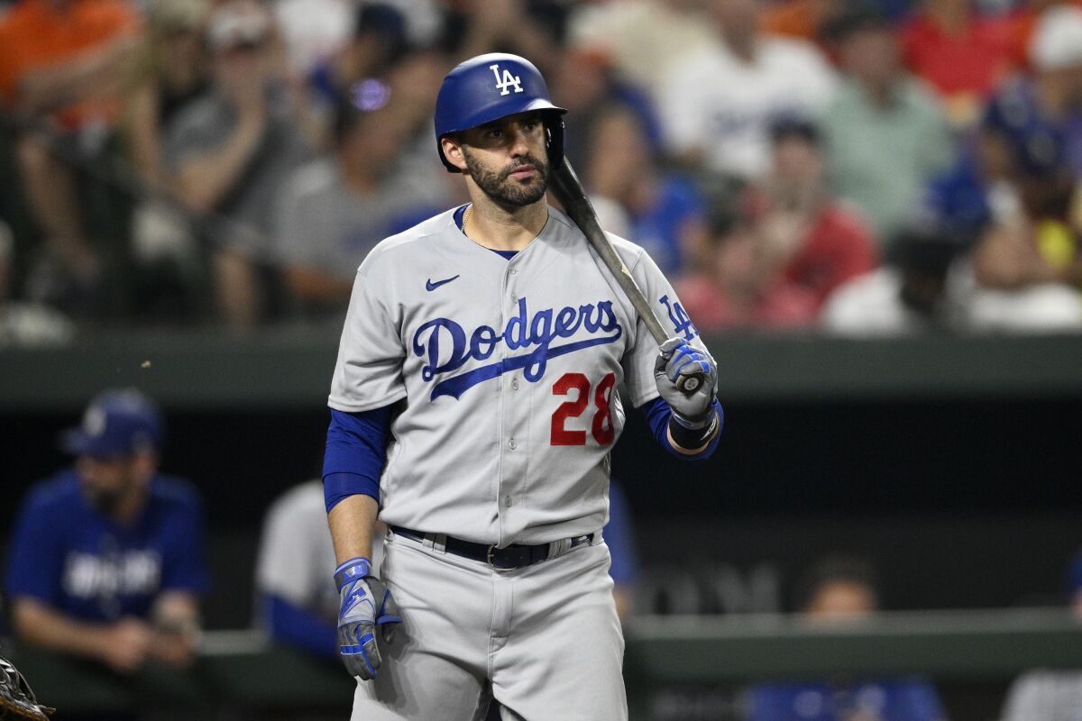 Dodgers' J.D. Martinez looks on during a game.