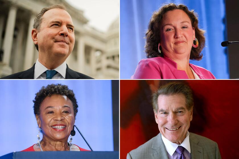 Clockwise from top left, Rep. Adam Schiff, Rep. Katie Porter, former Los Angeles Dodger Steve Garvey, and Rep. Barbara Lee.