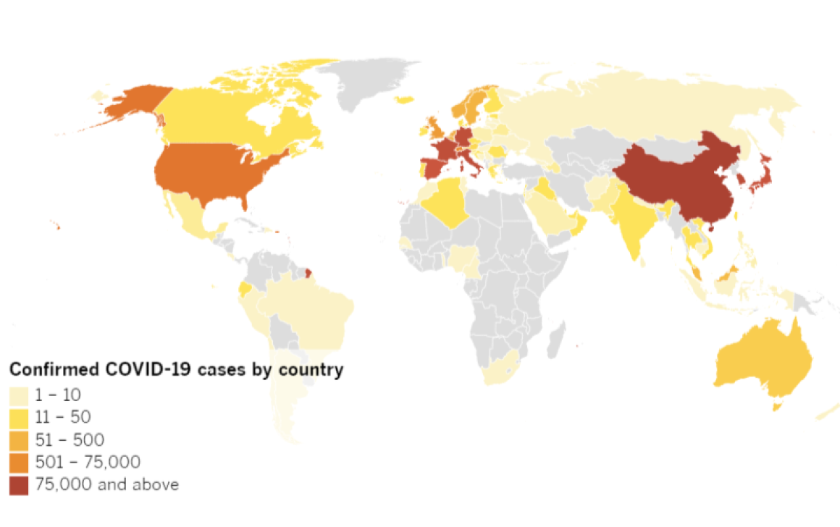 Confirmed COVID-19 cases by country as of 4 p.m. Friday. Click to see the interactive map.