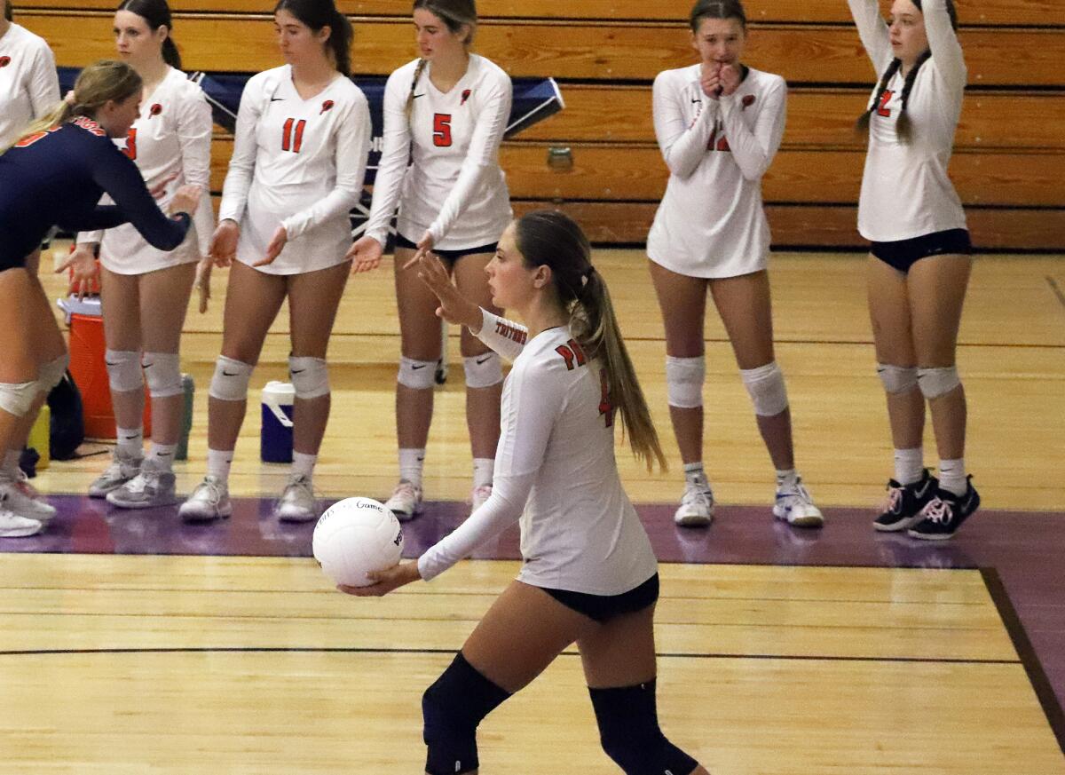 Pacifica Christian's Kaelin Rieke (4) serves against Diamond Bar on Thursday.