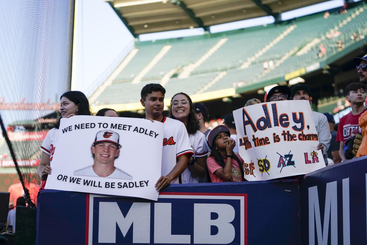 Orioles fans hold up signs with Adley Rutschman's name.