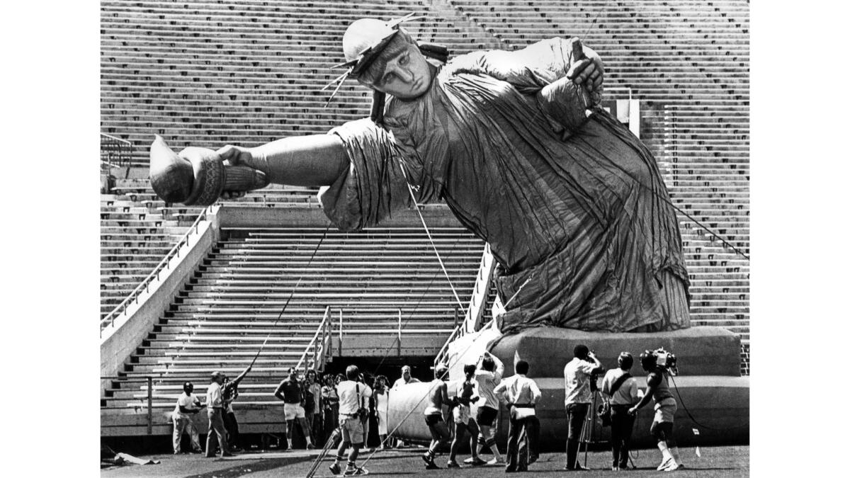 Jul. 3, 1986: Fifty-foot Statue of Liberty balloon begins to take shape at Rose Bowl as producers of Rose Bowl fireworks show get ready for the big show.