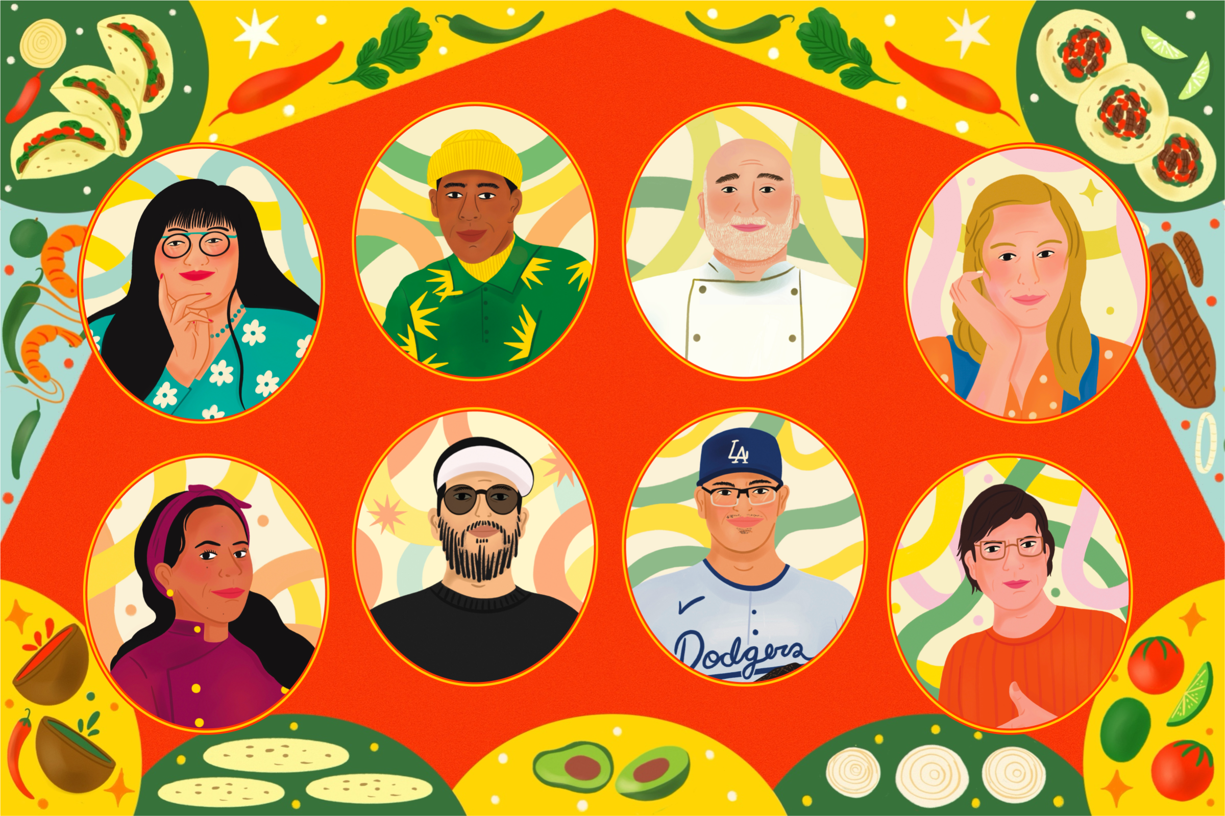 Illustrated portraits of 8 faces surrounded by taco ingredients