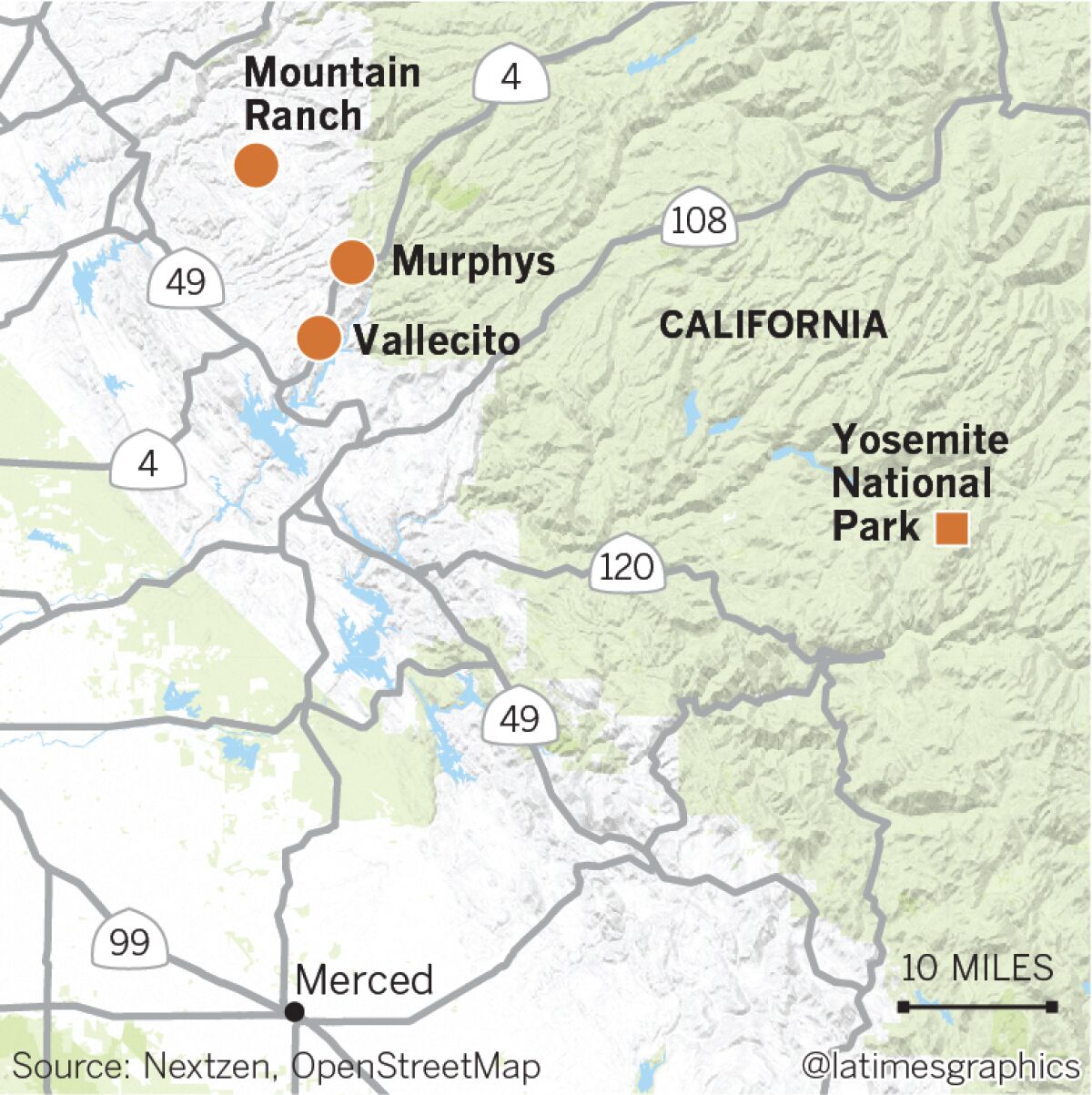 Map of Mountain Ranch, Murphys, Vallecito and Yosemite National Park in California.