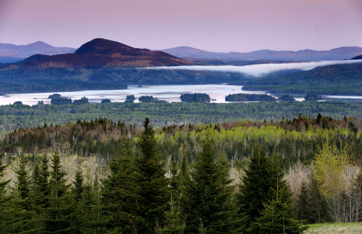 FILE - In this Tuesday, May 28, 2019, file photo is a view of Attean Pond near Jackman, Maine. Central Maine Power's controversial hydropower transmission corridor would be in the vicinity of this view from a scenic pullover. A 150-foot-wide swath of land would extend 53 miles from the Canadian border into Maine's north woods. (AP Photo/Robert F. Bukaty, File)