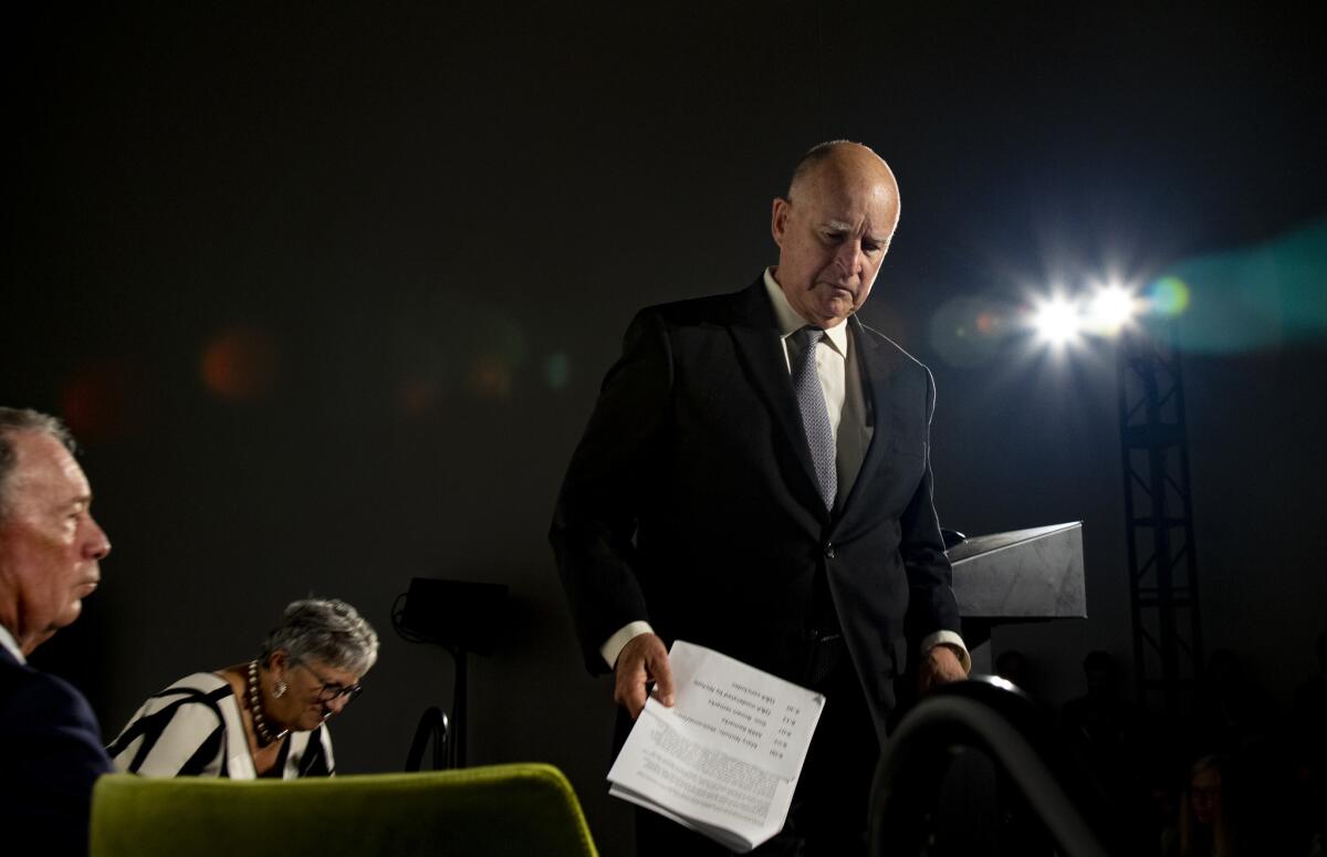 California Gov. Jerry Brown is shown at the Global Climate Action Summit in San Francisco on Thursday.