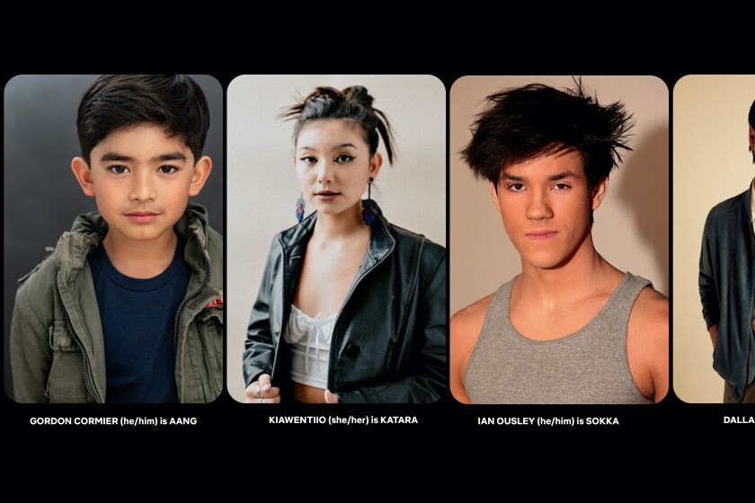 A split image of four young actors posing against plain backgrounds