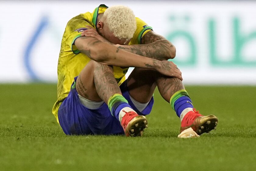 Brazil's Neymar reacts after the penalty shootout at the World Cup quarterfinal soccer match between Croatia and Brazil, at the Education City Stadium in Al Rayyan, Qatar, Friday, Dec. 9, 2022. (AP Photo/Martin Meissner)