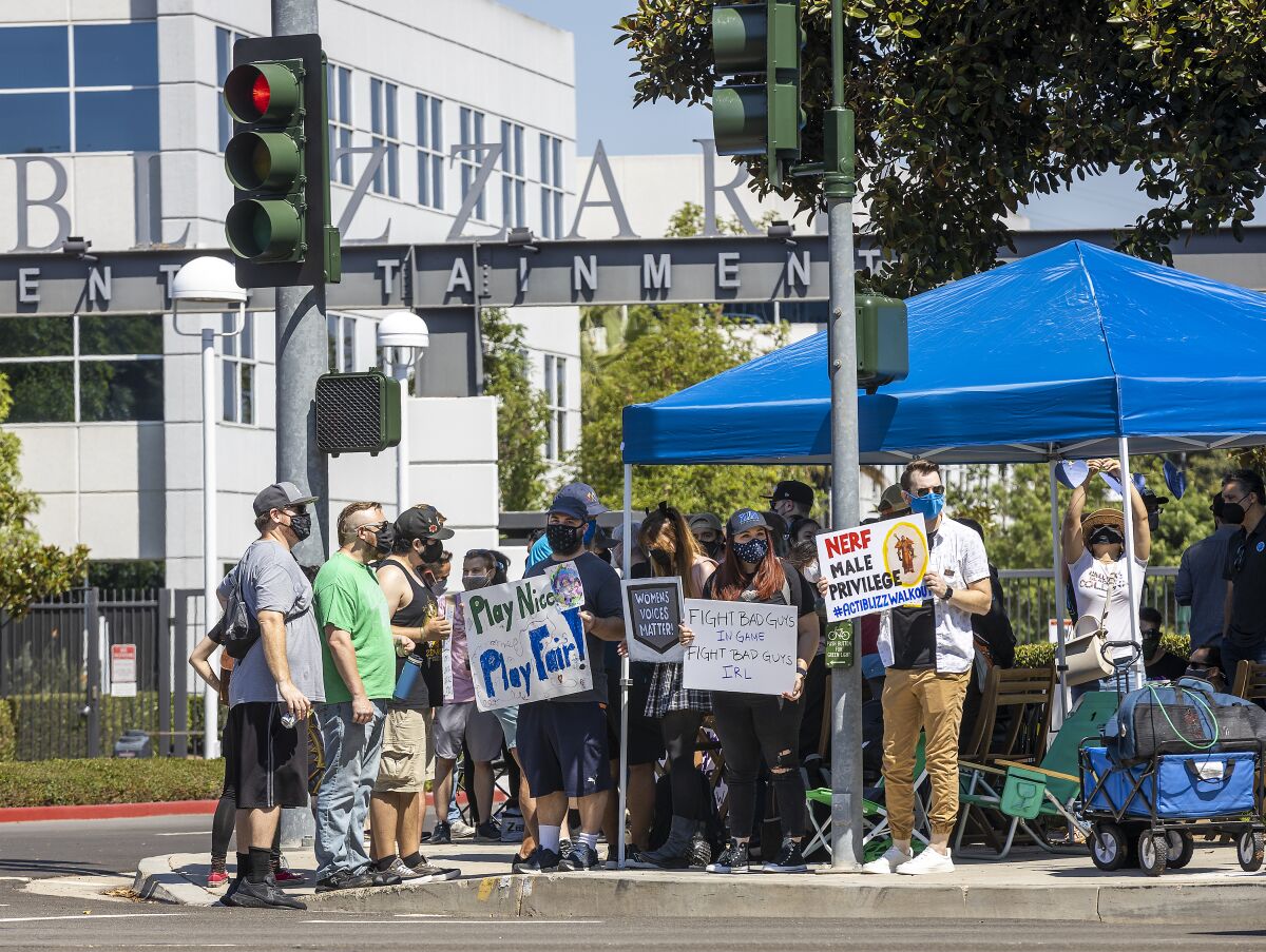 Activision Blizzard employees in Irvine stage a walkout in July.