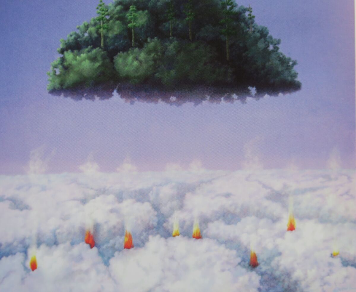 A surreal painting of trees floating above clouds