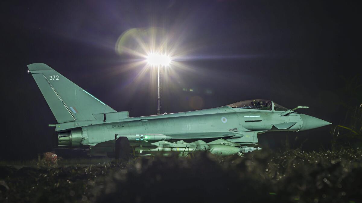 A RAF Typhoon FGR4 aircraft returning to a base following strikes against Houthi targets in Yemen. 