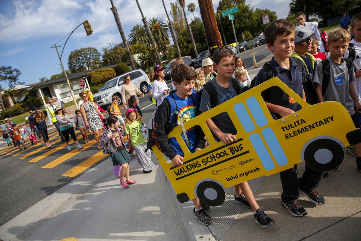 Students take a 'Walking School Bus' to class in Redondo Beach, just one of the ways the city is encouraging residents to live heathier lives.