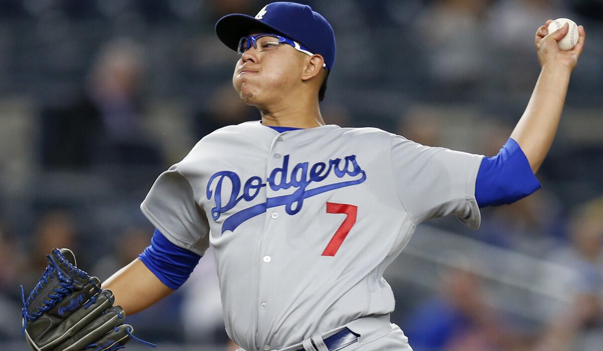 Julio Urias delivers in the first inning against the New York Yankees on Tuesday. He worked 3 2/3 scoreless innings in what the Dodgers say will be his final start this season.