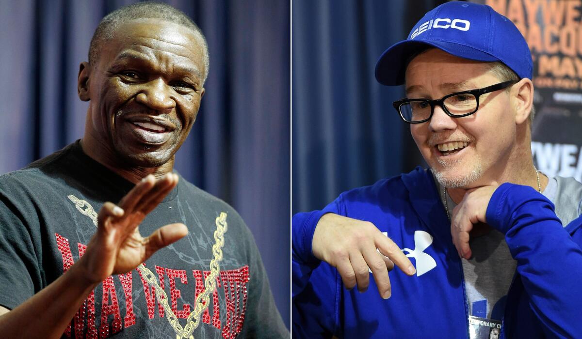 Trainers Floyd Mayweather Sr., left, and Freddie Roach will match strategies on Saturday night when Floyd Mayweather Jr. and Manny Pacquiao meet in a welterweight title unification fight.
