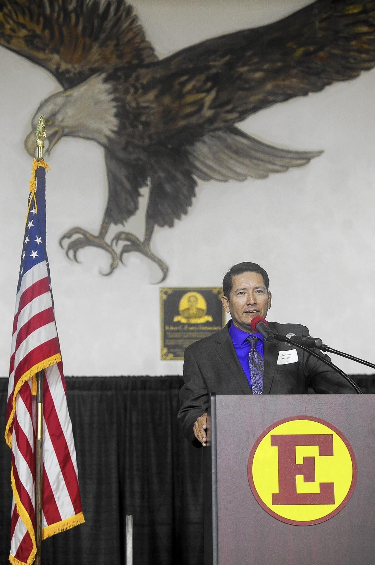 Supt. Fred Navarro speaks during the second annual State of the Schools Breakfast hosted by Newport Mesa Unified School District and Newport-Mesa Schools Foundation at Estancia High School on Wednesday.