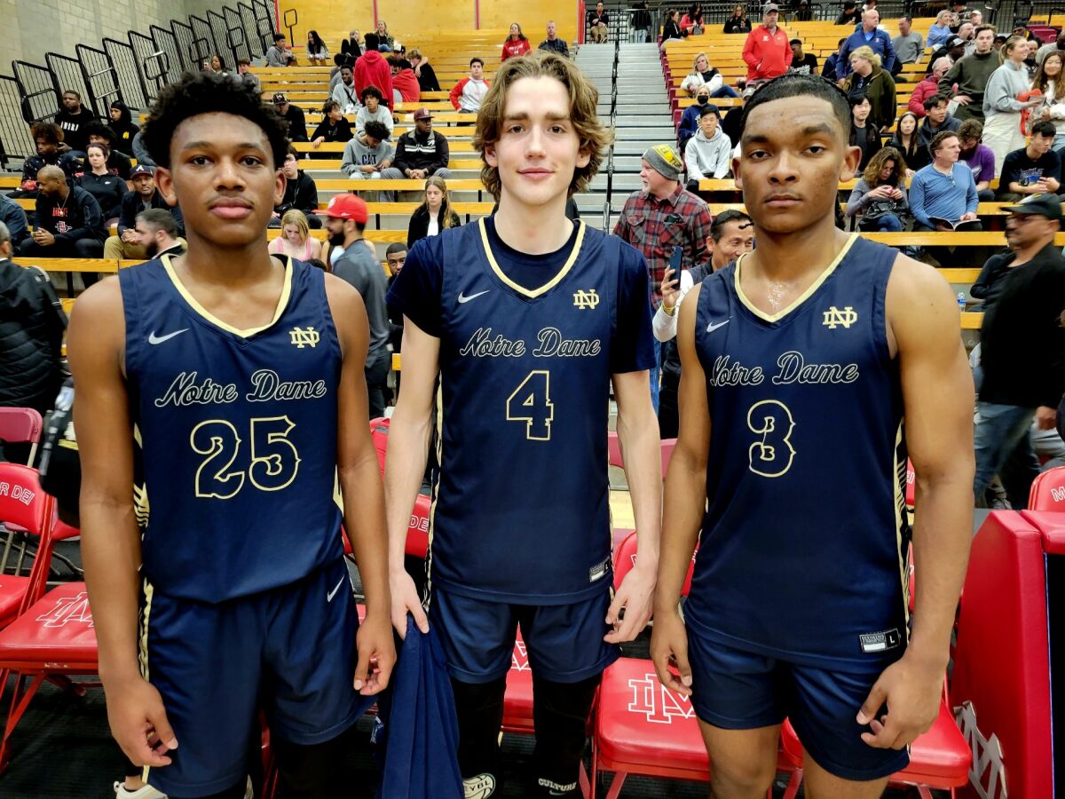 The Sherman Oaks Notre Dame trio of Mercy Miller (left), Dusty Stromer and Caleb Foster.