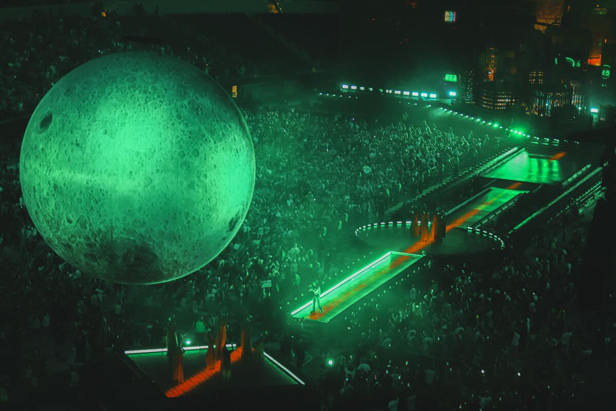 A overhead shot of a concert at a stadium