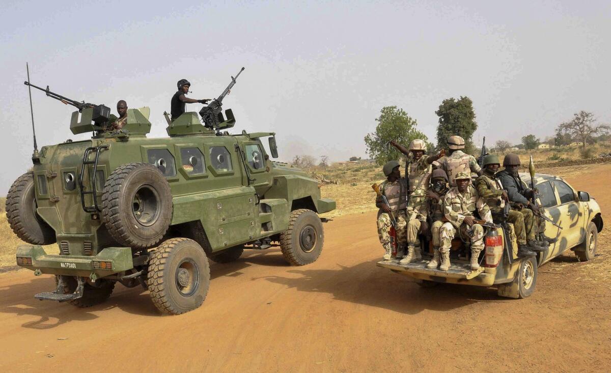Nigerian army soldiers patrol in Chibok in northeastern Nigeria in March 2015.