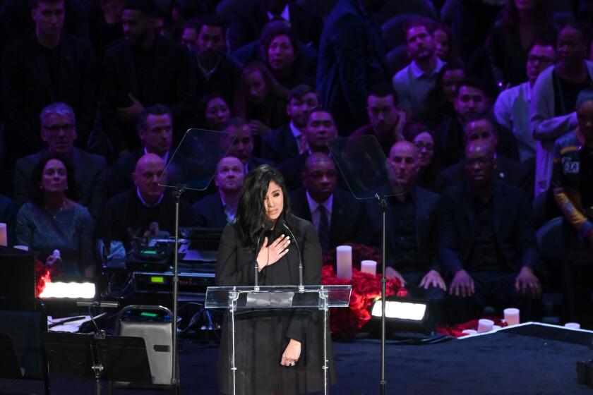 LOS ANGELES, CA., ??Vanessa Bryant speaks at the Kobe & Gianna Bryant Celebration of Life on Monday at Staples Center on Monday 24, 2020 (Wally Skalij / Los Angeles Times)
