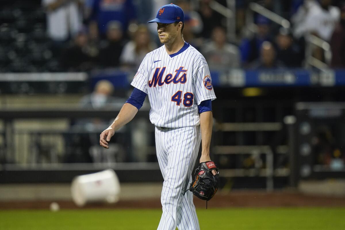 New York Mets ace Jacob deGrom leaves the field during the fifth inning June 11, 2021.