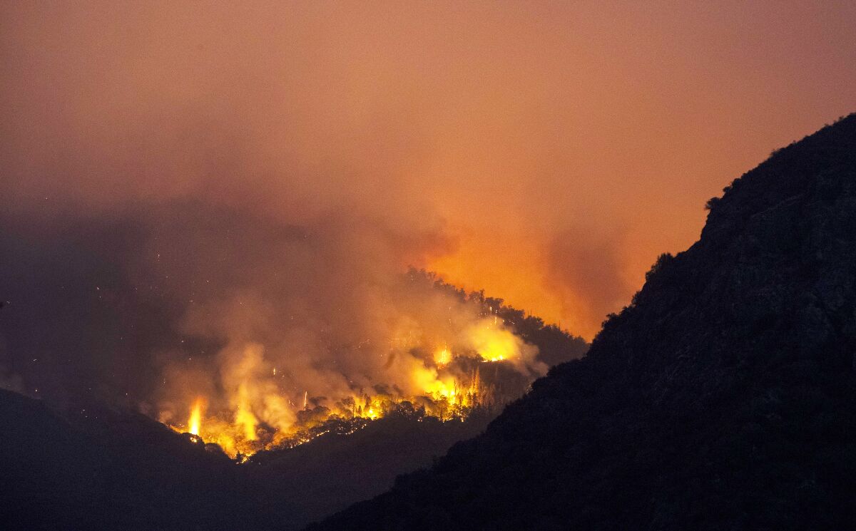 A nighttime photo shows hazy sky and flames leaping on a dark hillside.