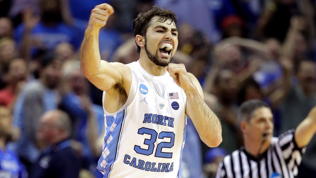 North Carolina forward Luke Maye reacts after making a shot against Kentucky late in the second half Sunday.