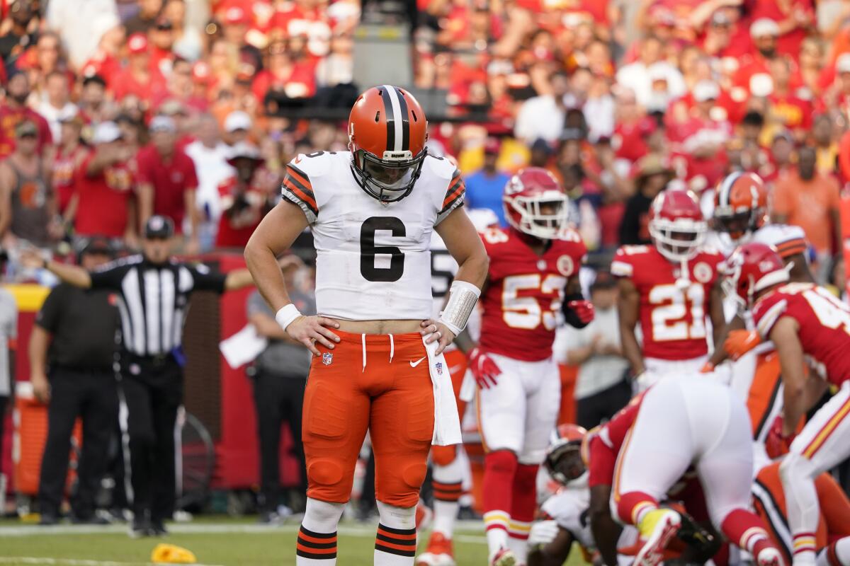 Cleveland Browns quarterback Baker Mayfield reacts after a penalty was called against his team during the second half of an NFL football game against the Kansas City Chiefs Sunday, Sept. 12, 2021, in Kansas City, Mo. (AP Photo/Ed Zurga)