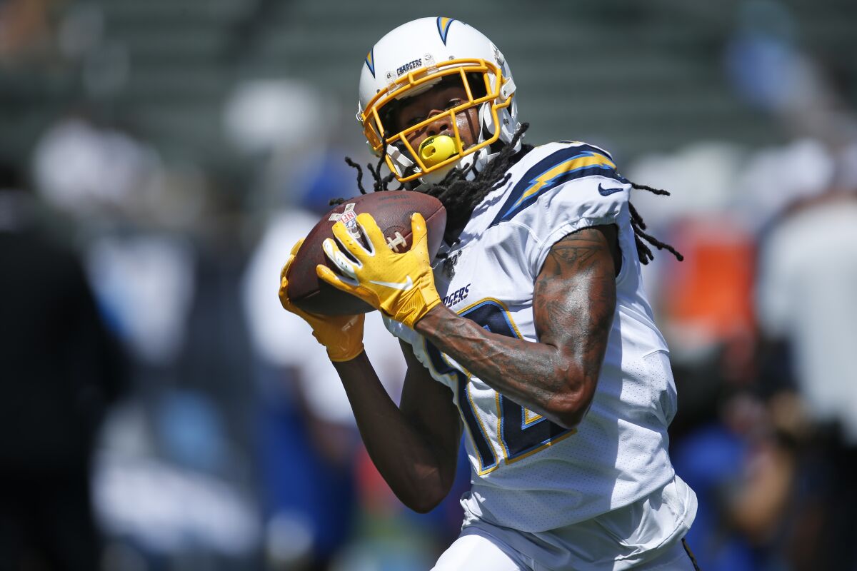 Chargers wide receiver Travis Benjamin makes a catch against the Indianapolis Colts in Sept. 8, 2019.