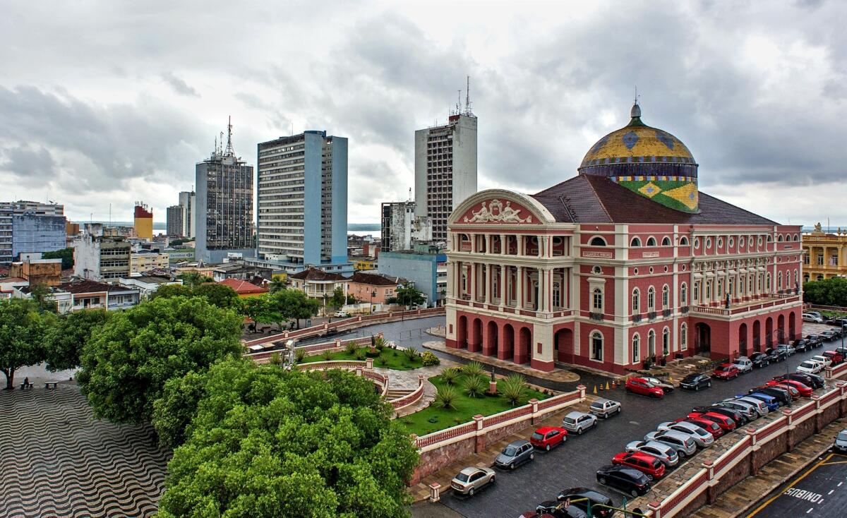 The Amazon Theatre in Manaus, Brazil. The opera house was built in 1896 in Italian Renaissance style out of materials imported from Europe during the Brazilian region's rubber boom.