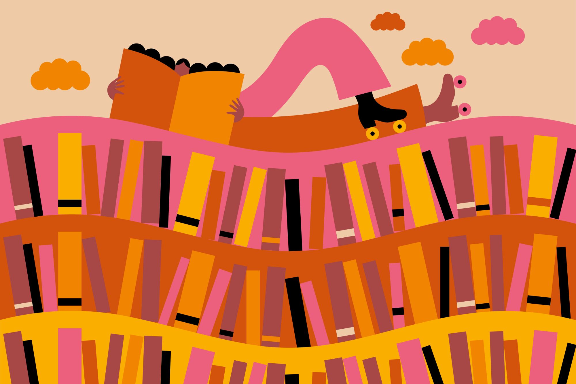 An illustration of a girl reading on a hill of books.