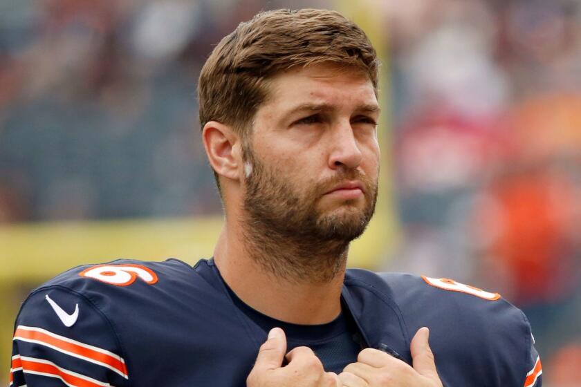 FILE - In this Aug. 27, 2016, file photo, Chicago Bears quarterback Jay Cutler (6) waits on the sideline before an NFL football preseason game against the Kansas City Chiefs in Chicago. The Bears released Cutler on Thursday, March 9, 2017, as the NFL free agent market opened. (AP Photo/Nam Y. Huh, File)
