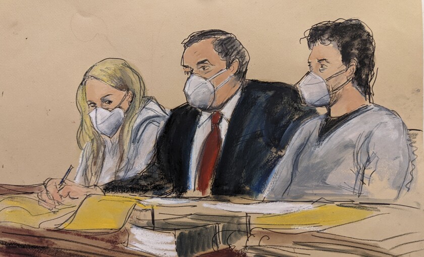 A courtroom sketch of attorney Sam Enzer, Heather Morgan and Ilya "Dutch" Lichtenstein in federal court.