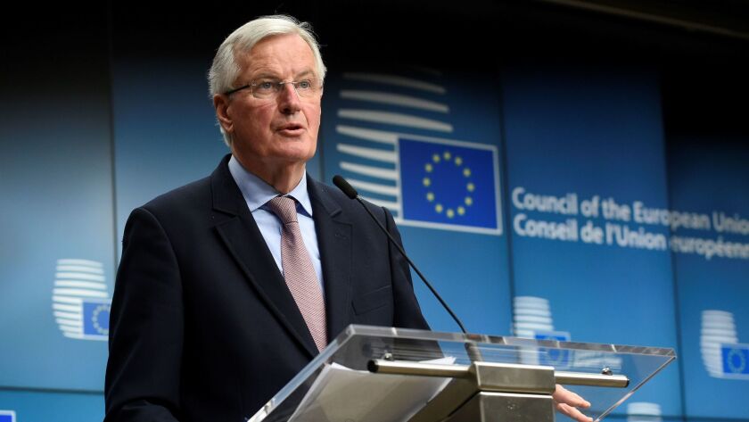 European Union Chief Negotiator Michel Barnier speaks during a joint news conference Feb. 27.