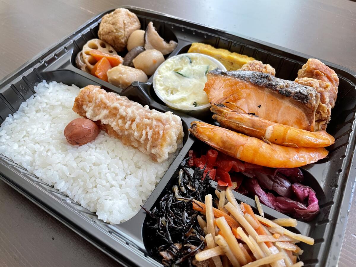 A bento box with an assortment of Japanese comfort foods at Neighborhood Bento.