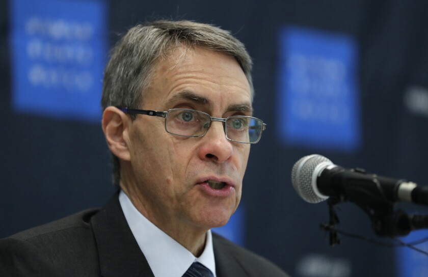FILE - In this Thursday, Nov. 1, 2018 file photo, Kenneth Roth, Human Rights Watch's executive director, speaks during a news conference in Seoul, South Korea. Human Rights Watch says Hong Kong authorities have barred its executive director from entering the territory. The move Sunday, Jan. 12, 2020 follows China's pledge last month to sanction organizations which it said had “performed badly" in relation to anti-government protests that have roiled Hong Kong for more than seven months. (AP Photo/Lee Jin-man, File)