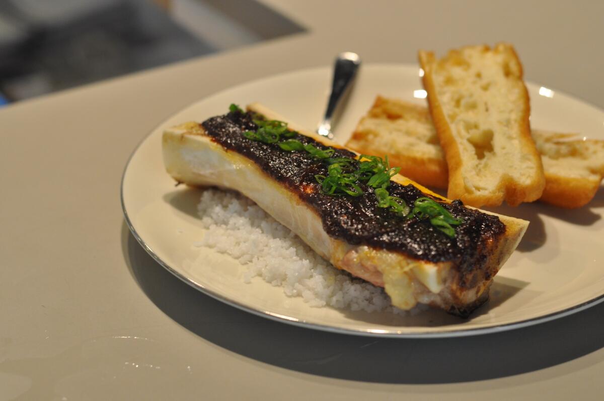 Bone marrow with grilled chili jam, scallions, Chinese doughnuts at Simbal.