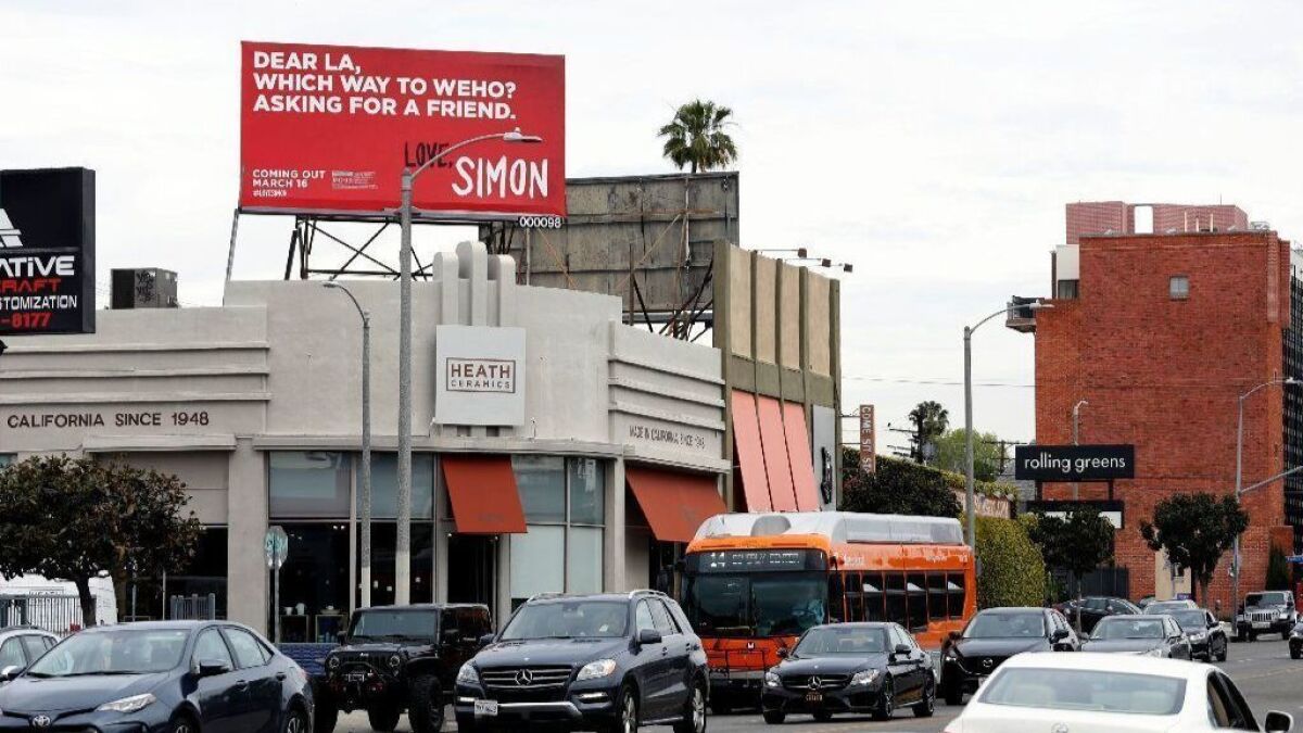A "Love, Simon" billboard on Beverly Boulevard in Los Angeles on March 7.