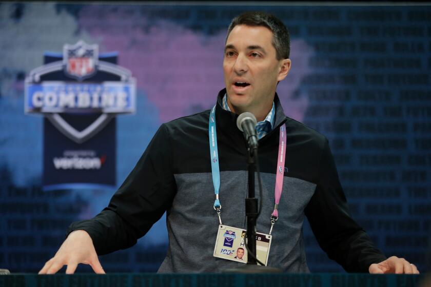 Mandatory Credit: Photo by Michael Conroy/AP/Shutterstock (10123762al) 2. Los Angeles Chargers general manager Tom Telesco speaks during a press conference at the NFL football scouting combine in Indianapolis NFL Combine Football, Indianapolis, USA - 28 Feb 2019