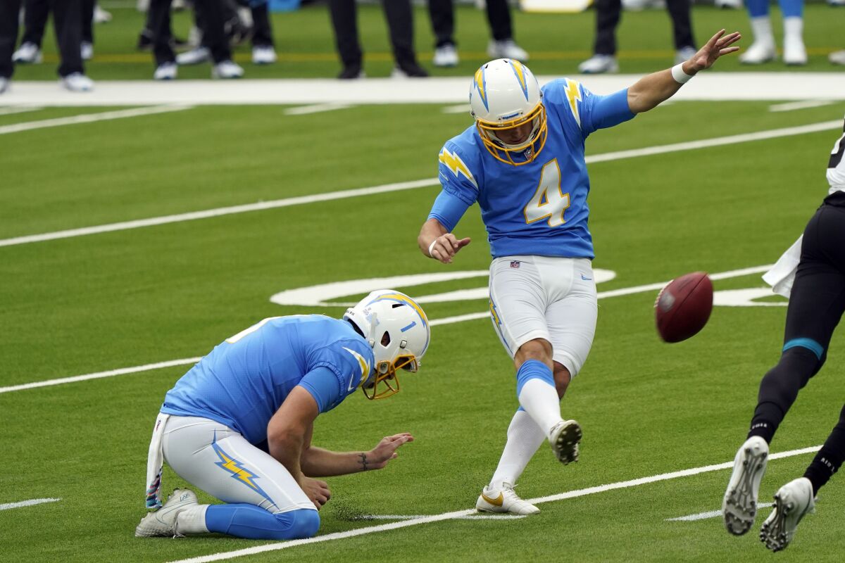 Chargers kicker Michael Badgley makes one of his two field goals against the Jacksonville Jaguars.