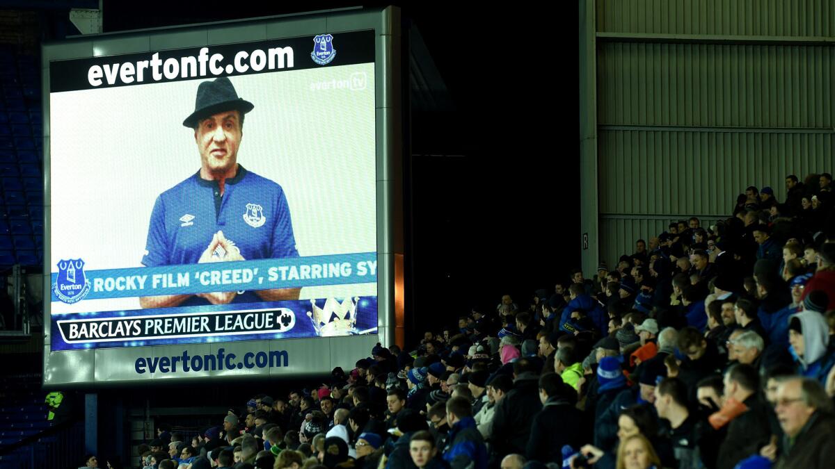 Sylvester Stallone appears on the big screen wearing an Everton shirt at halftime of game at Goodison Park in Liverpool. Stallone asked fans to stay in their seats so they could shoot a scene for the movie "Creed."