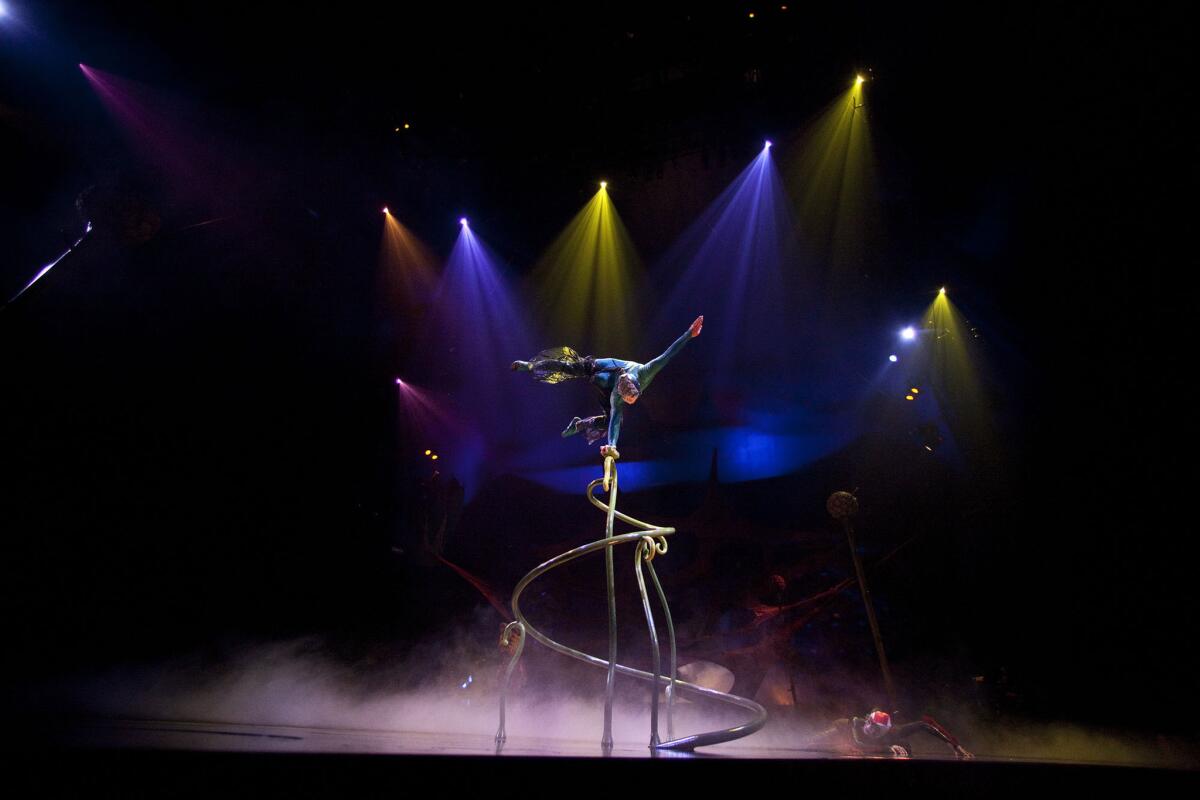 Volodymyr Hrynchenko performs as a dragonfly during the first act of the traveling Cirque du Soleil show "Ovo."