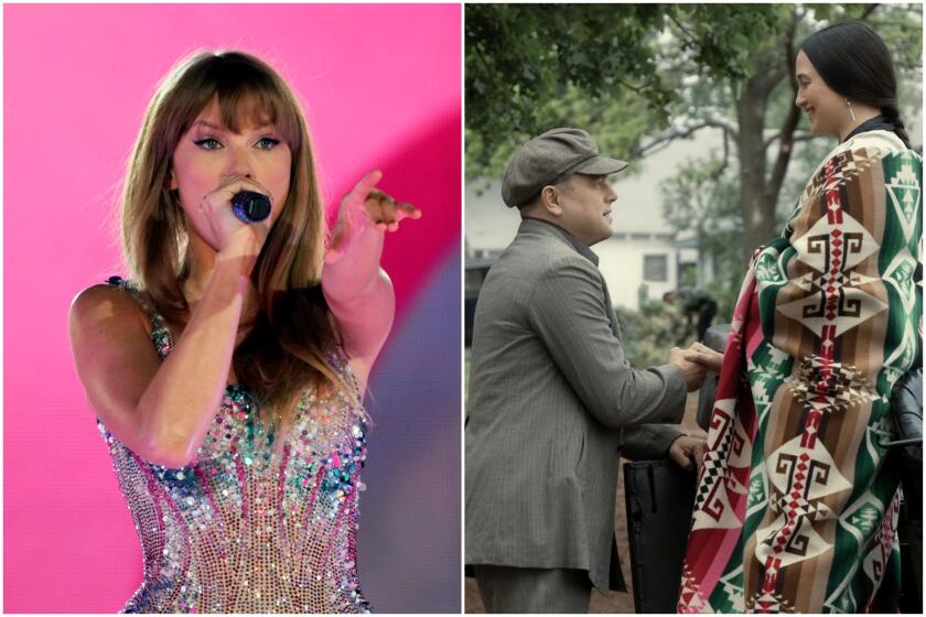Split: left, Taylor Swift sings into mic; right, Leonardo DiCaprio wears a grey suit and Lily Gladstone wears a colorful robe